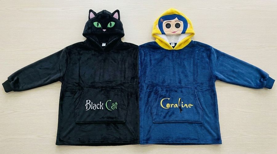 Factory Wholesale Coraline & Black Cat Couple Hoodie Cartoon Plush Flannel Sherpa-Lined Oversized Matching Pullover for Lovers