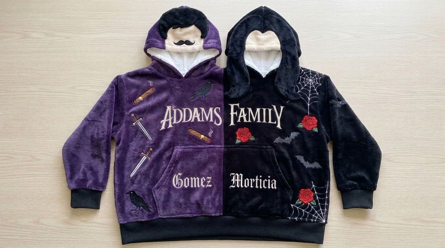 Factory Wholesale Gomez & Morticia Couple Hoodie Cartoon Plush Flannel Sherpa-Lined Oversized Matching Pullover for Lovers