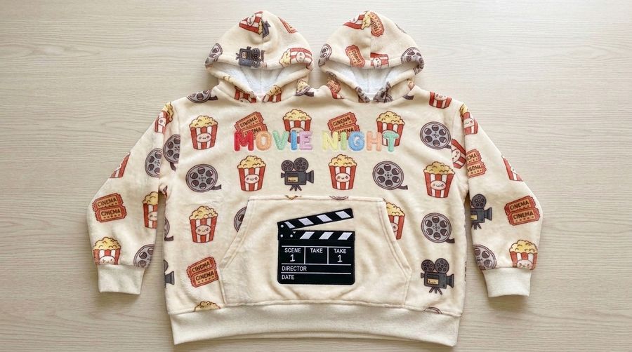 Factory Wholesale Movie Night Popcorn Couple Hoodie Cartoon Plush Flannel Sherpa-Lined Oversized Matching Pullover for Lovers