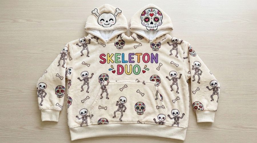 Factory Wholesale Skeleton Duo Sugar Skull Couple Hoodie Cartoon Plush Flannel Sherpa-Lined Oversized Matching Pullover for Lovers