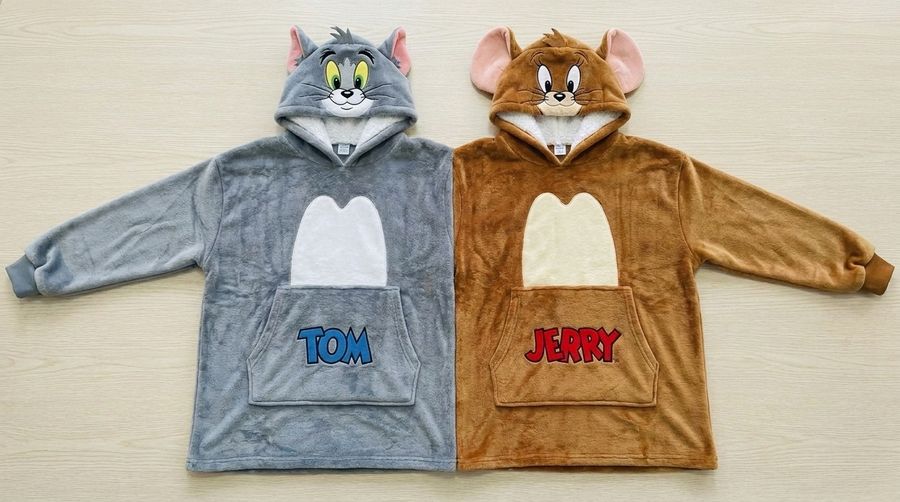 Factory Wholesale Tom & Jerry Couple Hoodie Cartoon Plush Flannel Sherpa-Lined Oversized Matching Pullover for Lovers