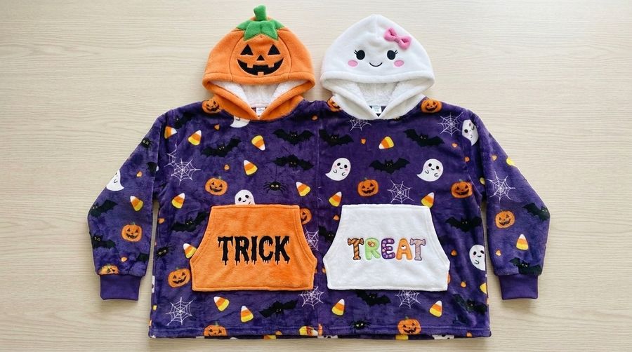 Factory Wholesale Trick or Treat Couple Hoodie Cartoon Plush Flannel Sherpa-Lined Oversized Matching Pullover for Lovers