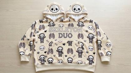 Skeleton Duo Cream Couple Plush Hoodies